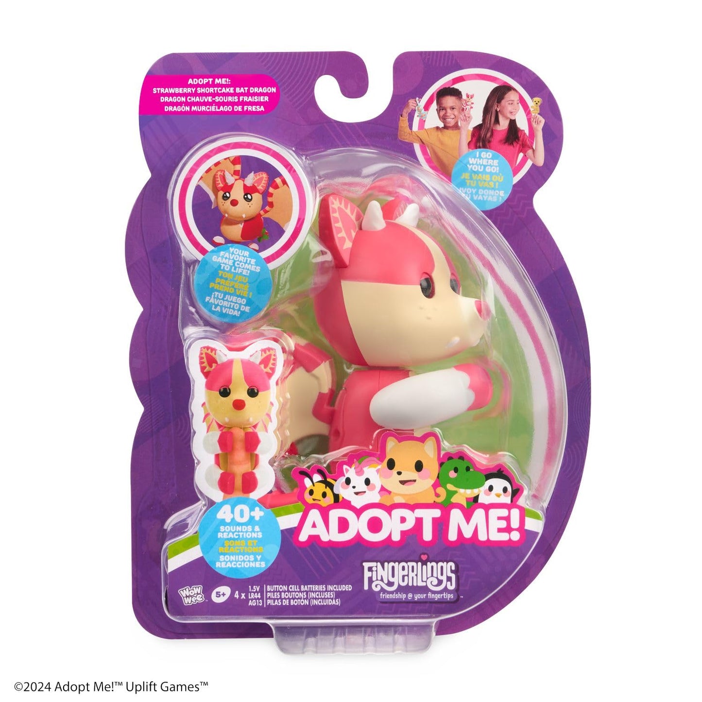 Fingerlings Strawberry Shortcake Bat Dragon packaging displaying forty plus sounds and reactions