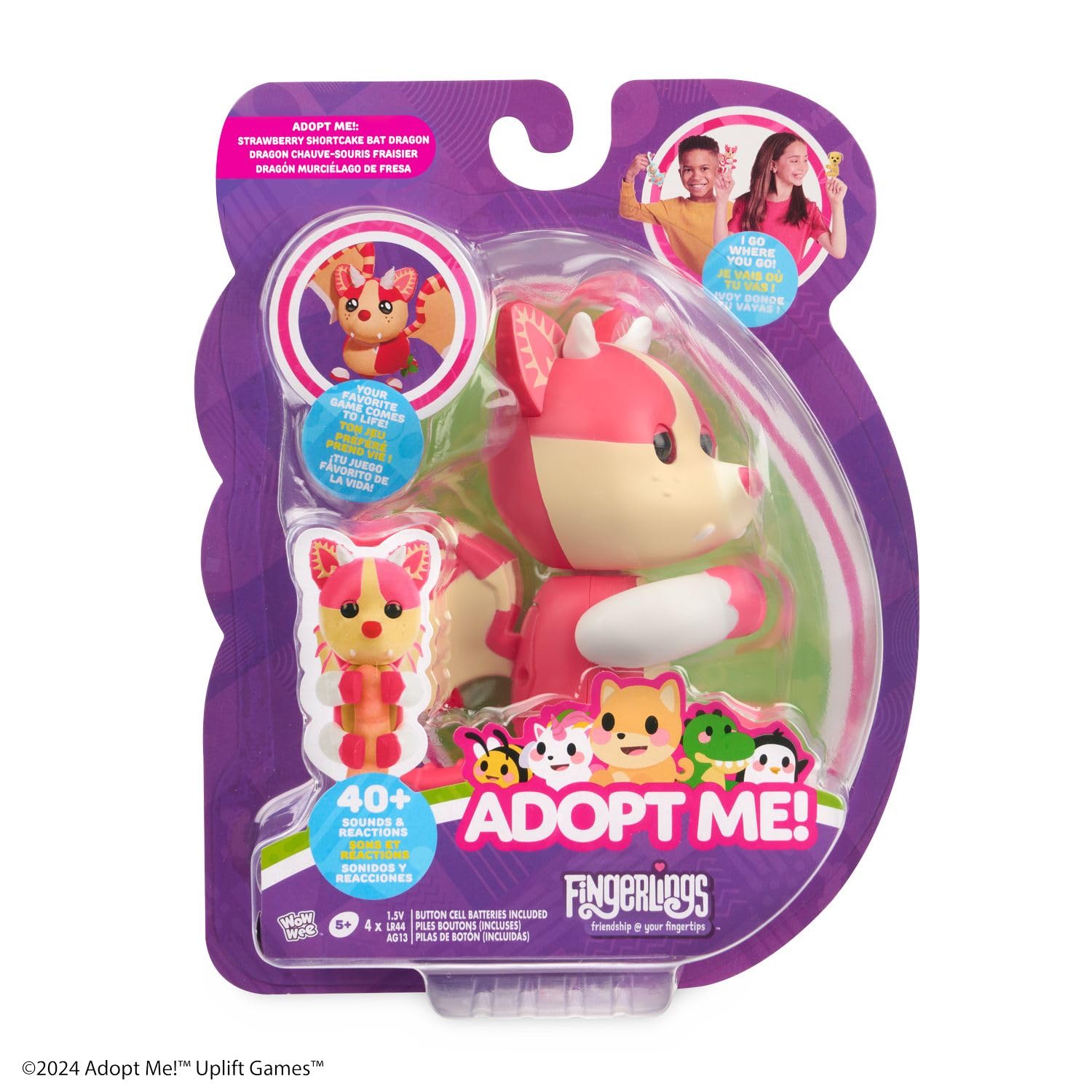 Fingerlings Strawberry Shortcake Bat Dragon packaging displaying forty plus sounds and reactions