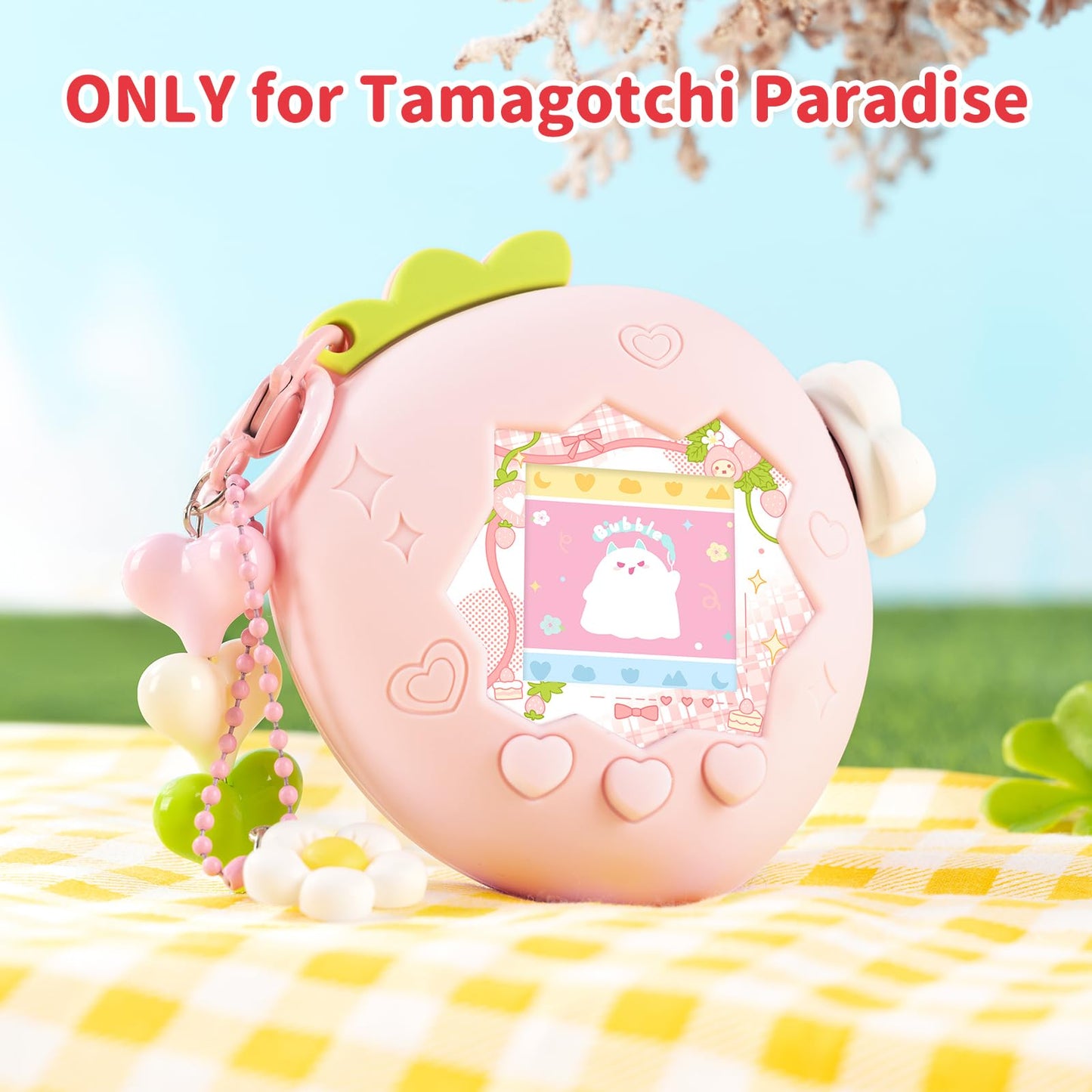 BUBBLELOGUS Tamagotchi Paradise cover kit detailing the flower shaped zoom dial cap and decorative charms.