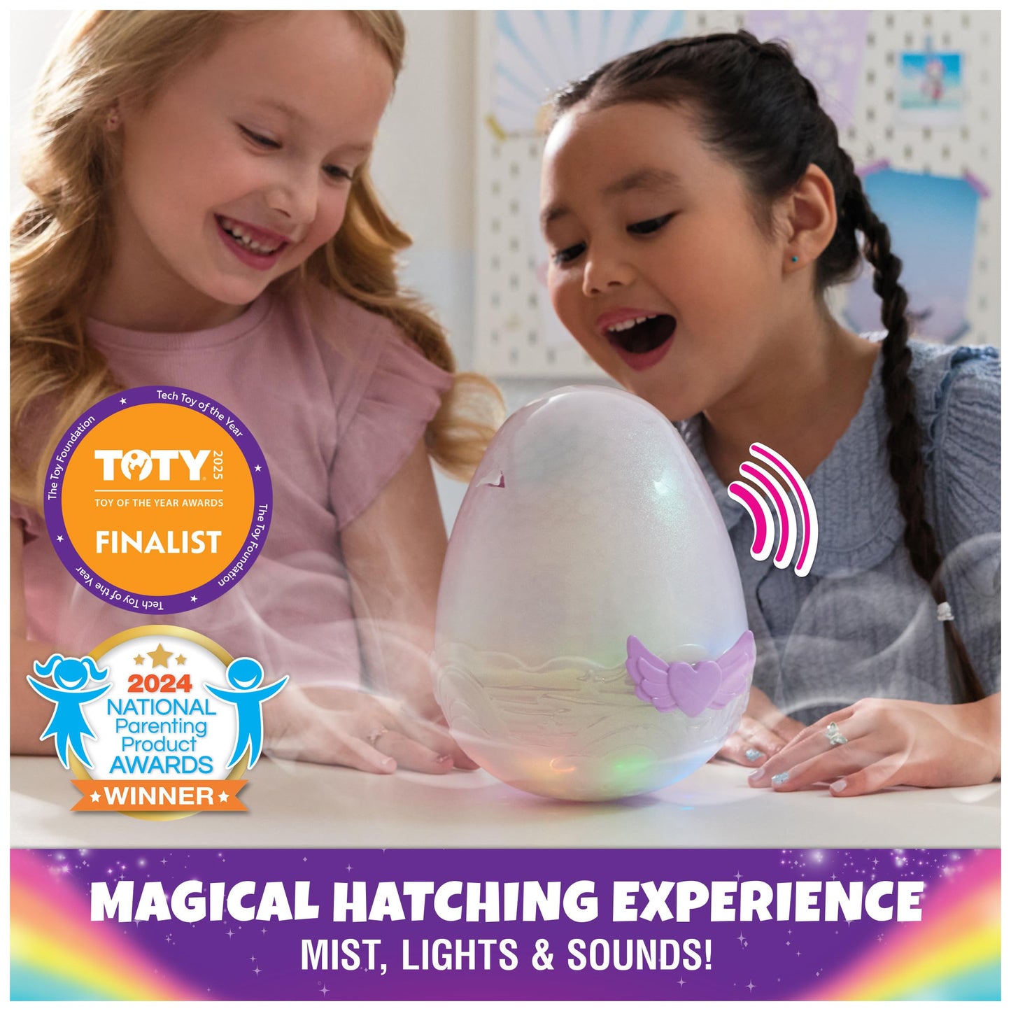 Hatchimals Alive Pufficorn plush character emerging from its egg with magical mist and rainbow light effects.