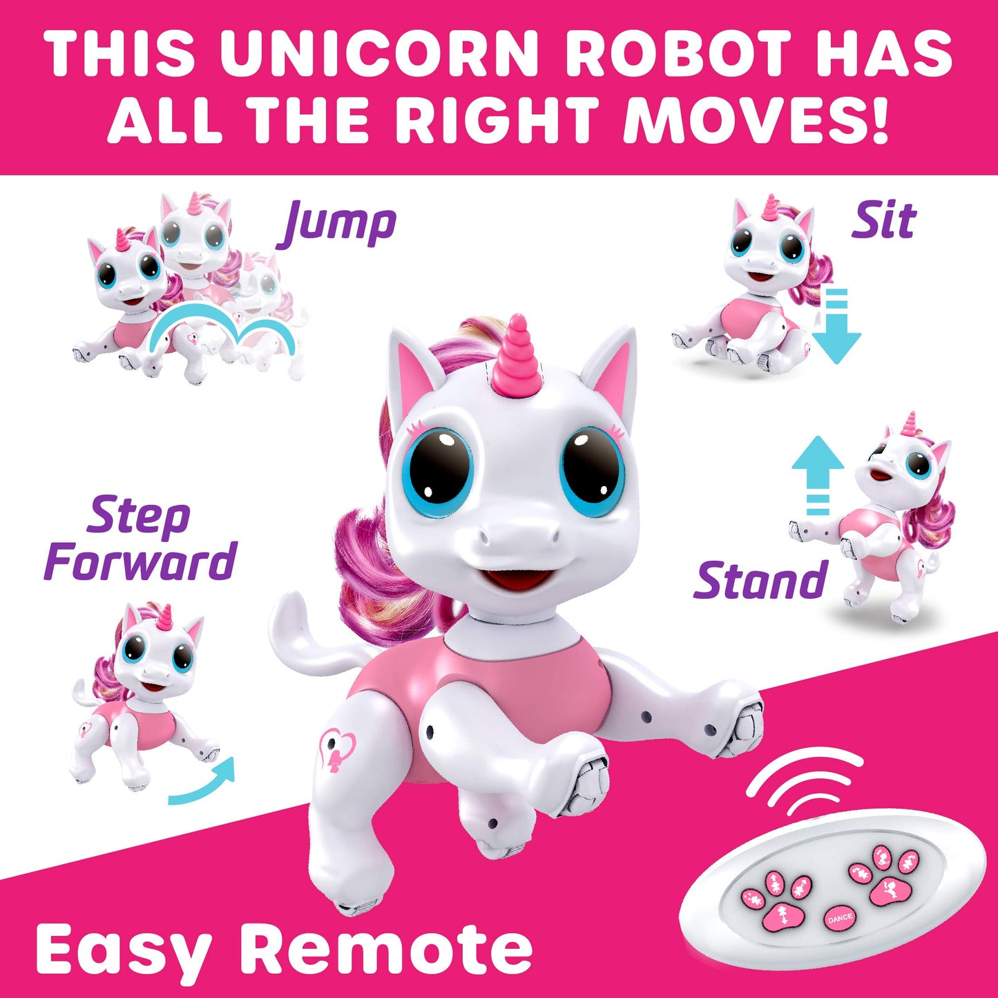 Pink programmable walking and dancing robot toy performing tricks via gesture control