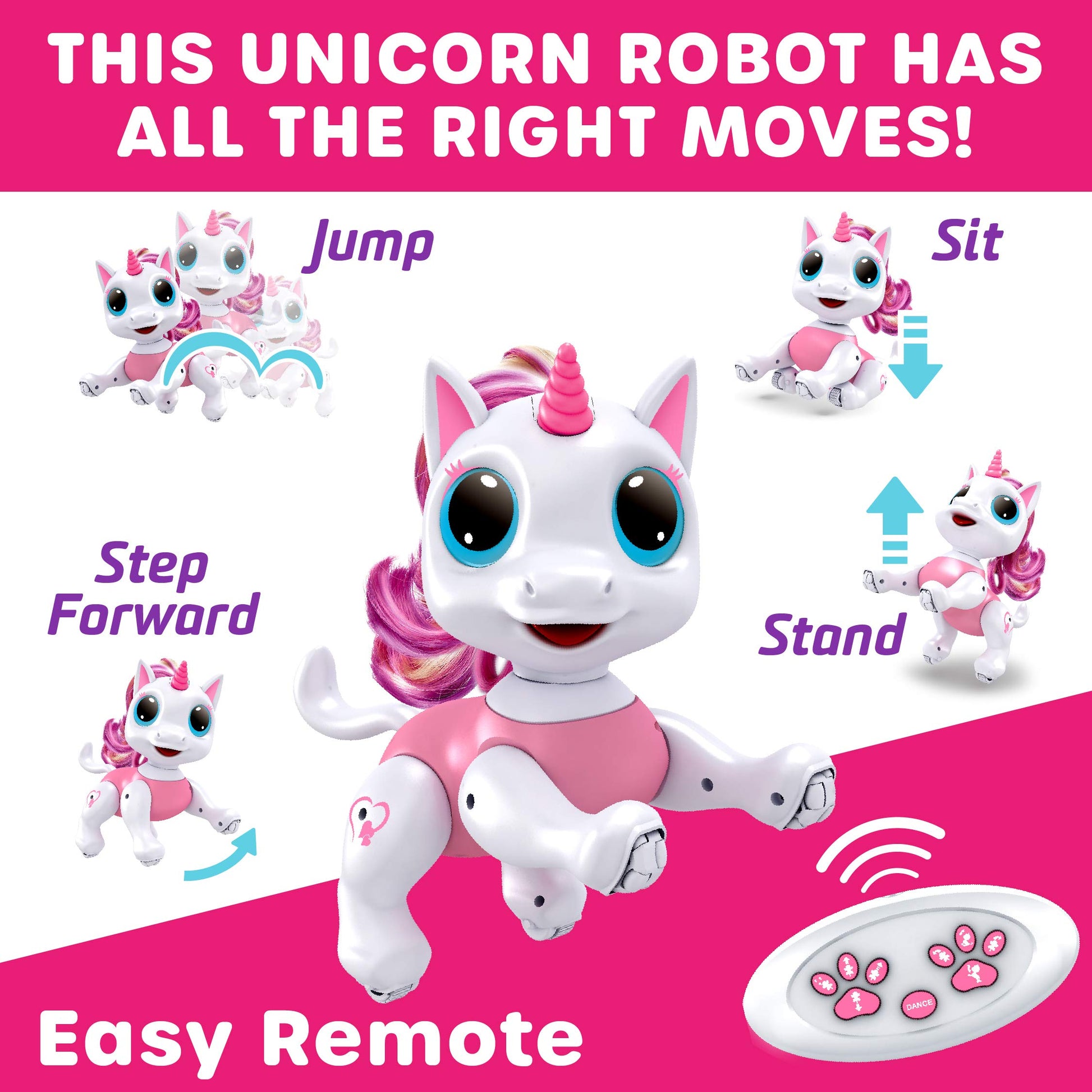 Pink programmable walking and dancing robot toy performing tricks via gesture control