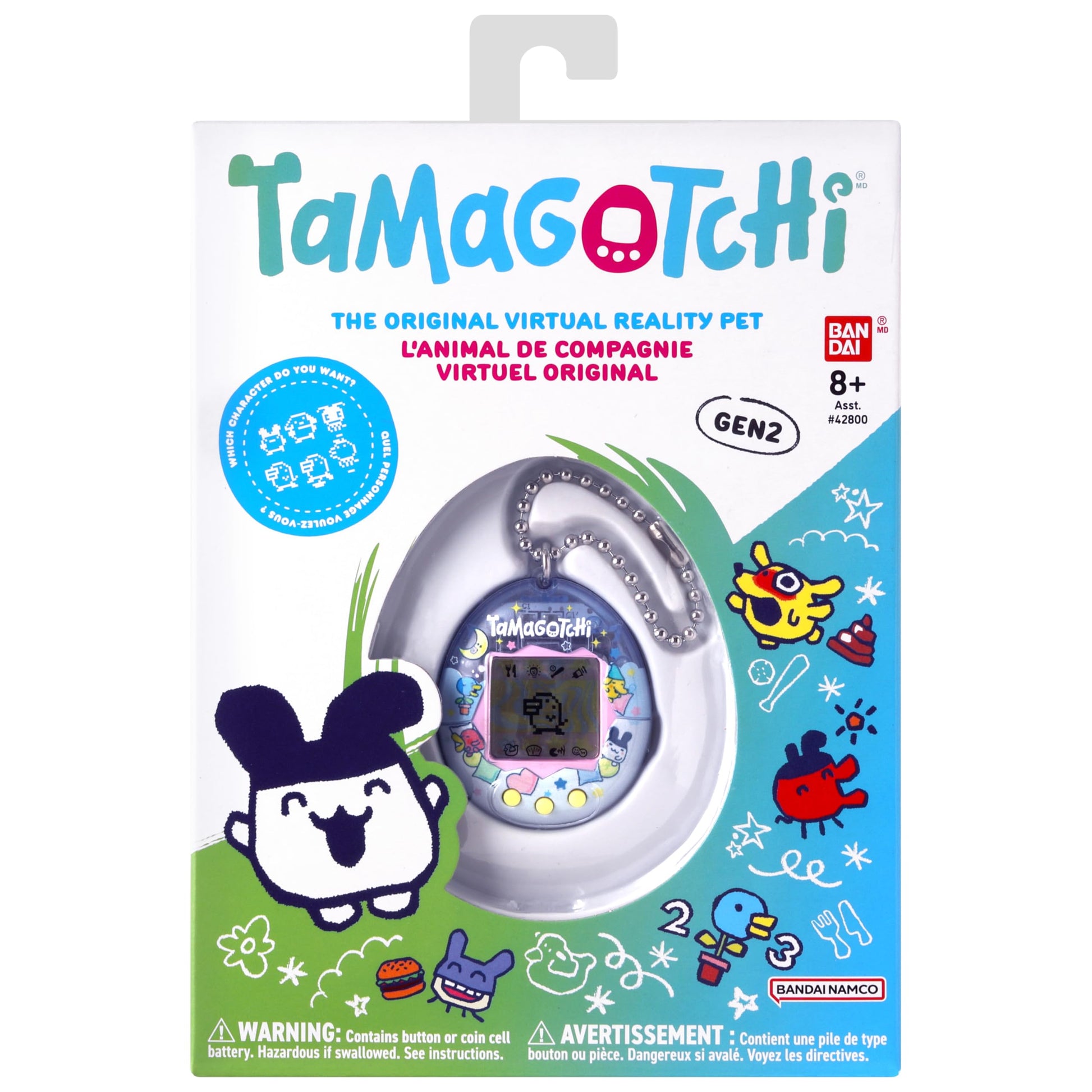 Tamagotchi pajama theme shell pattern featuring sleeping cartoon characters and metal ball chain