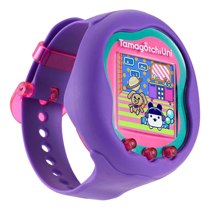 Tamagotchi Uni interactive pet inside its wearable purple wrist strap accessory