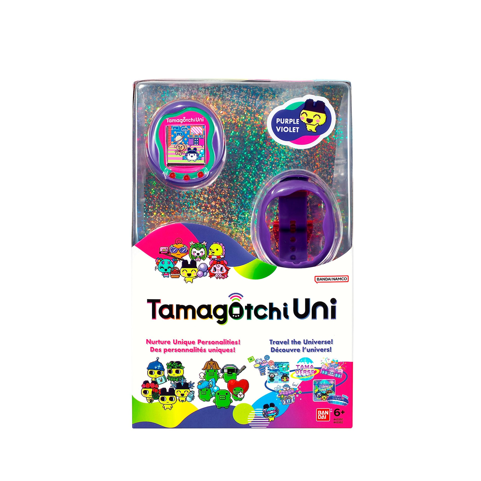 Tamagotchi Uni device displaying the global Tamaverse connection menu on screen