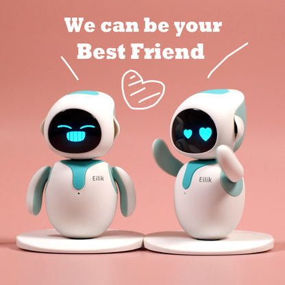 Hand gently touching the head sensor of Energize Lab Eilik companion robot pet