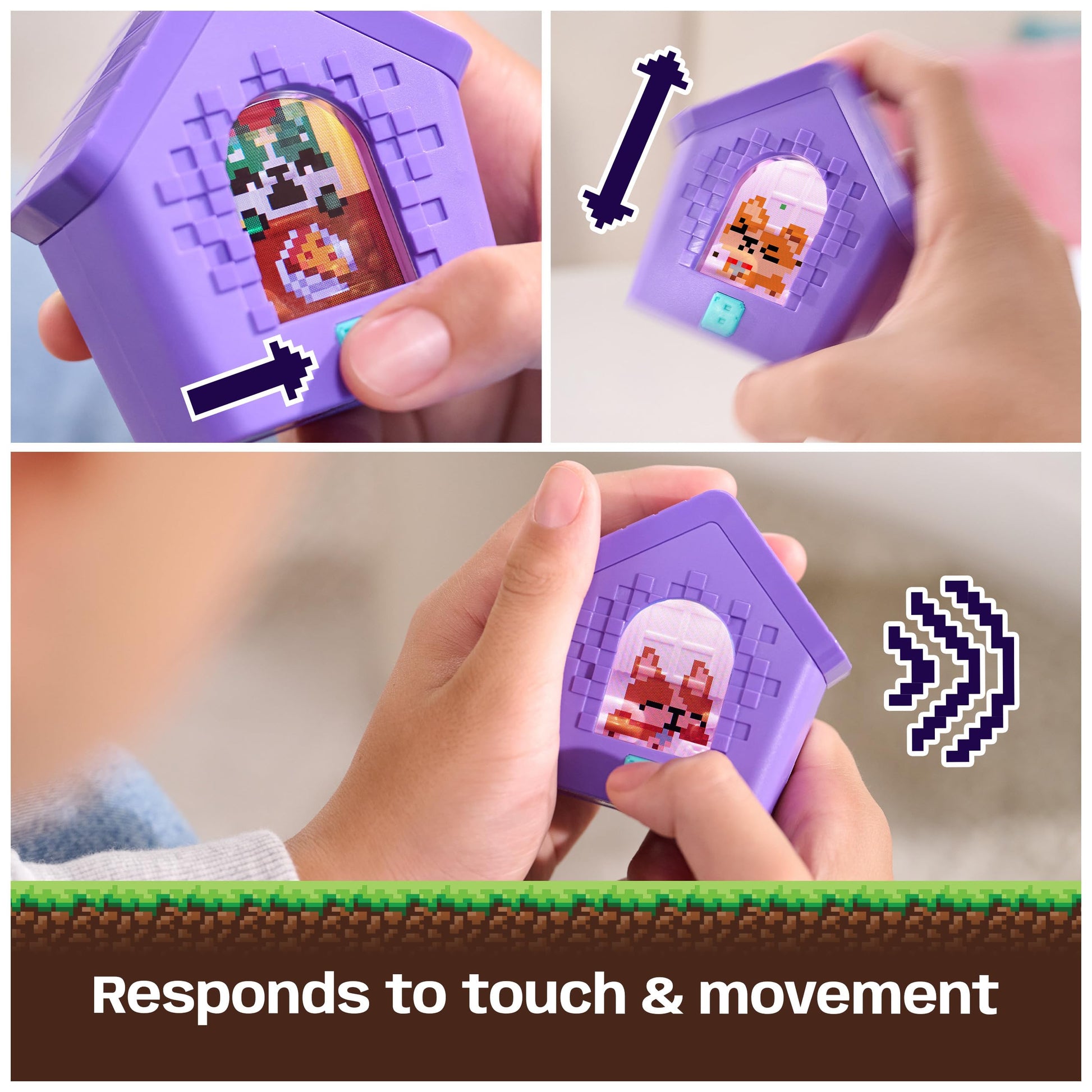 Bitzee interactive virtual pet toy close up highlighting hand touching the physical interface.
