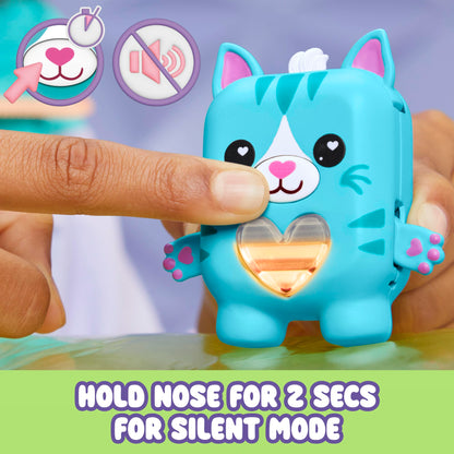 Side view of the compact pocket sized blue kitty electronic pet highlighting its movable arms