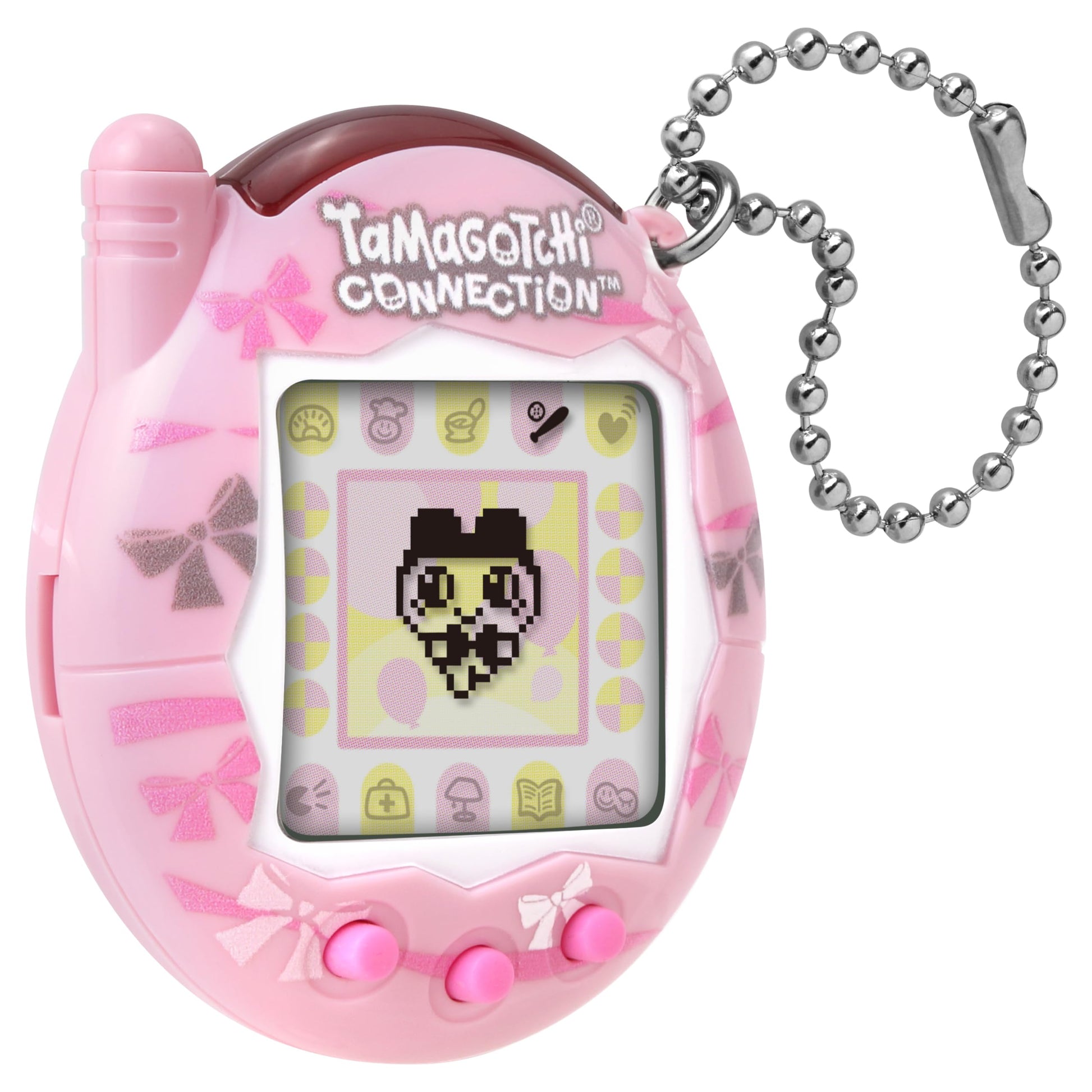 Handheld pink gaming device with white ribbon pattern details and attached ball chain accessory
