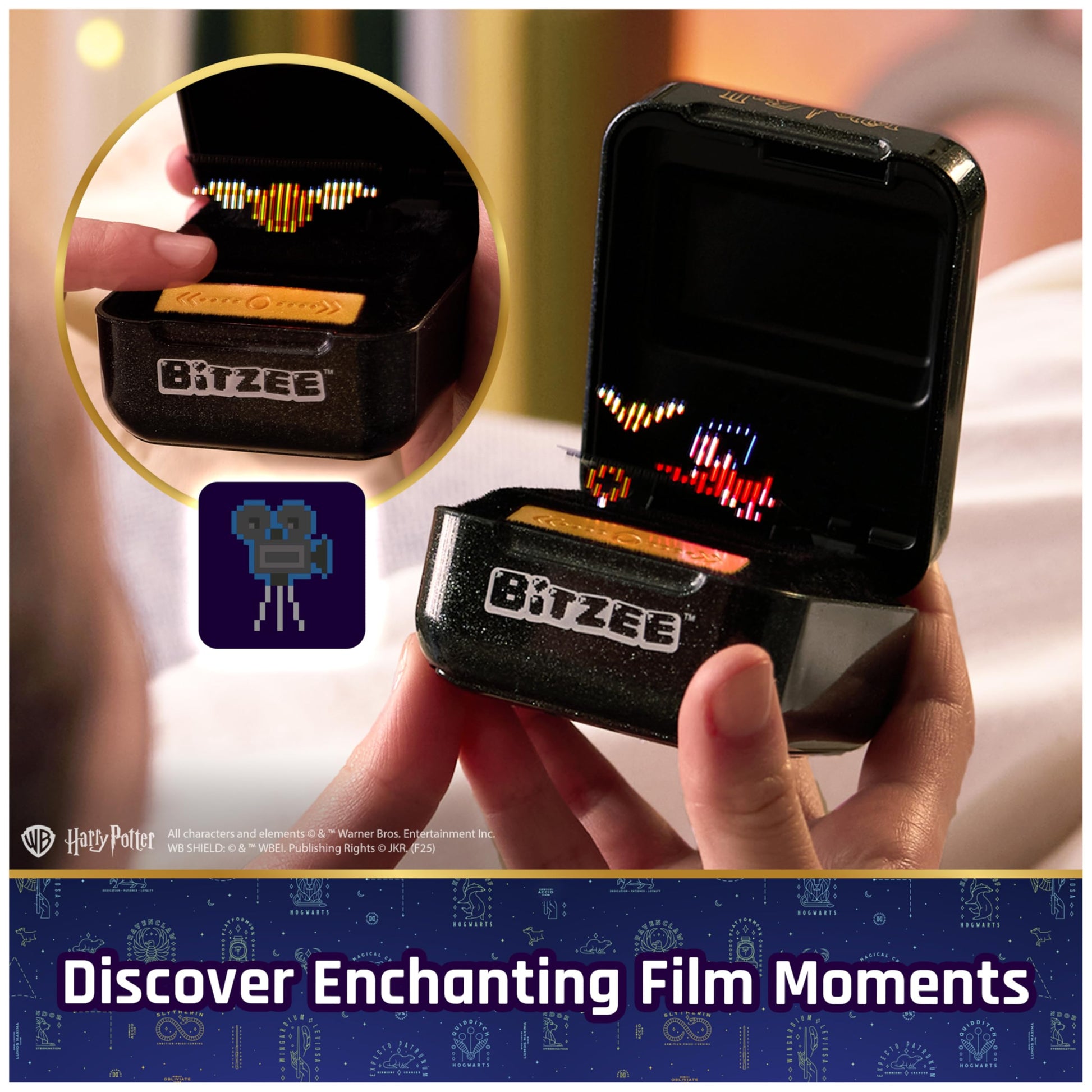 Close up view of the black and gold Hogwarts themed packaging for the electronic pet