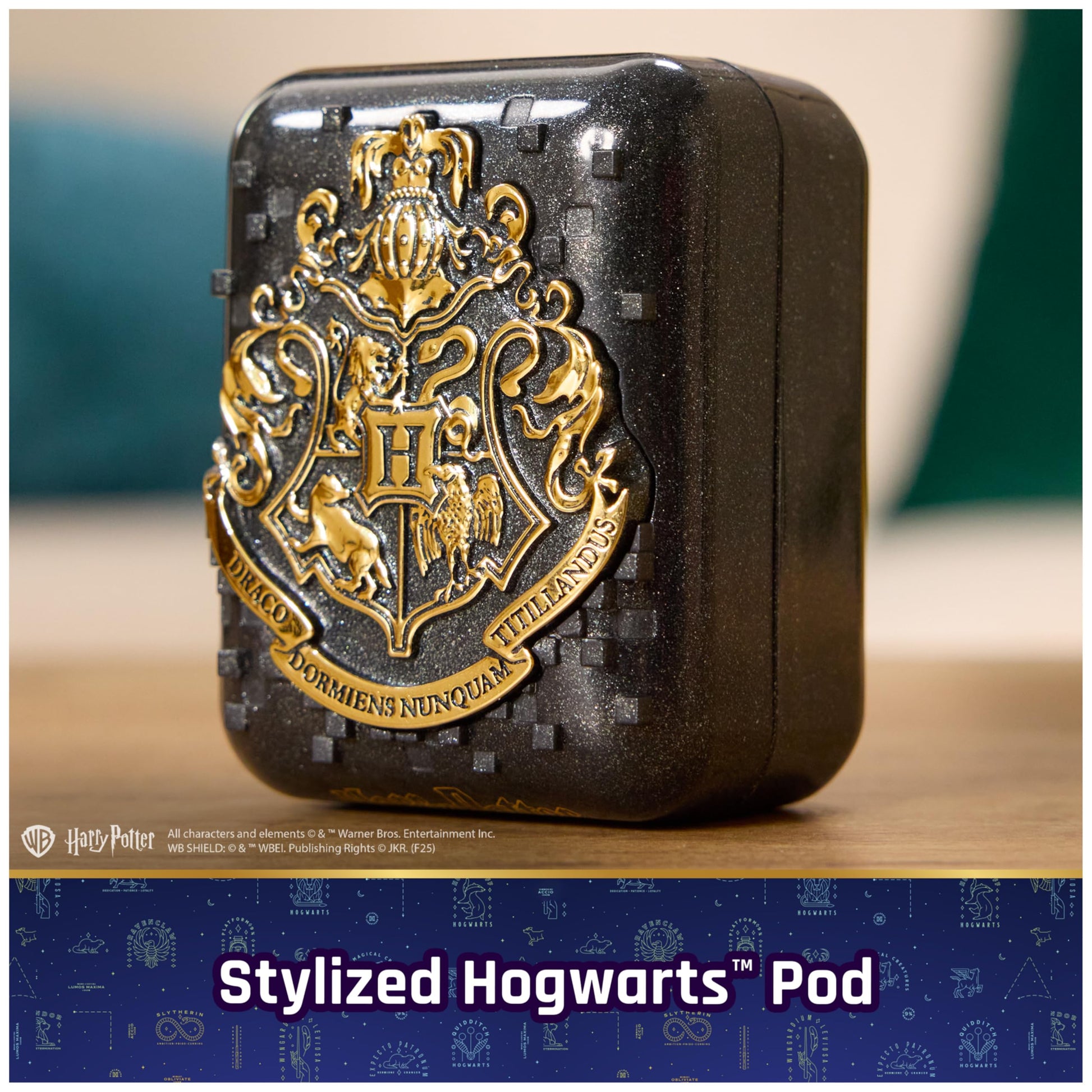 Group of collectible virtual characters including Ron and Hermione displayed inside the pod