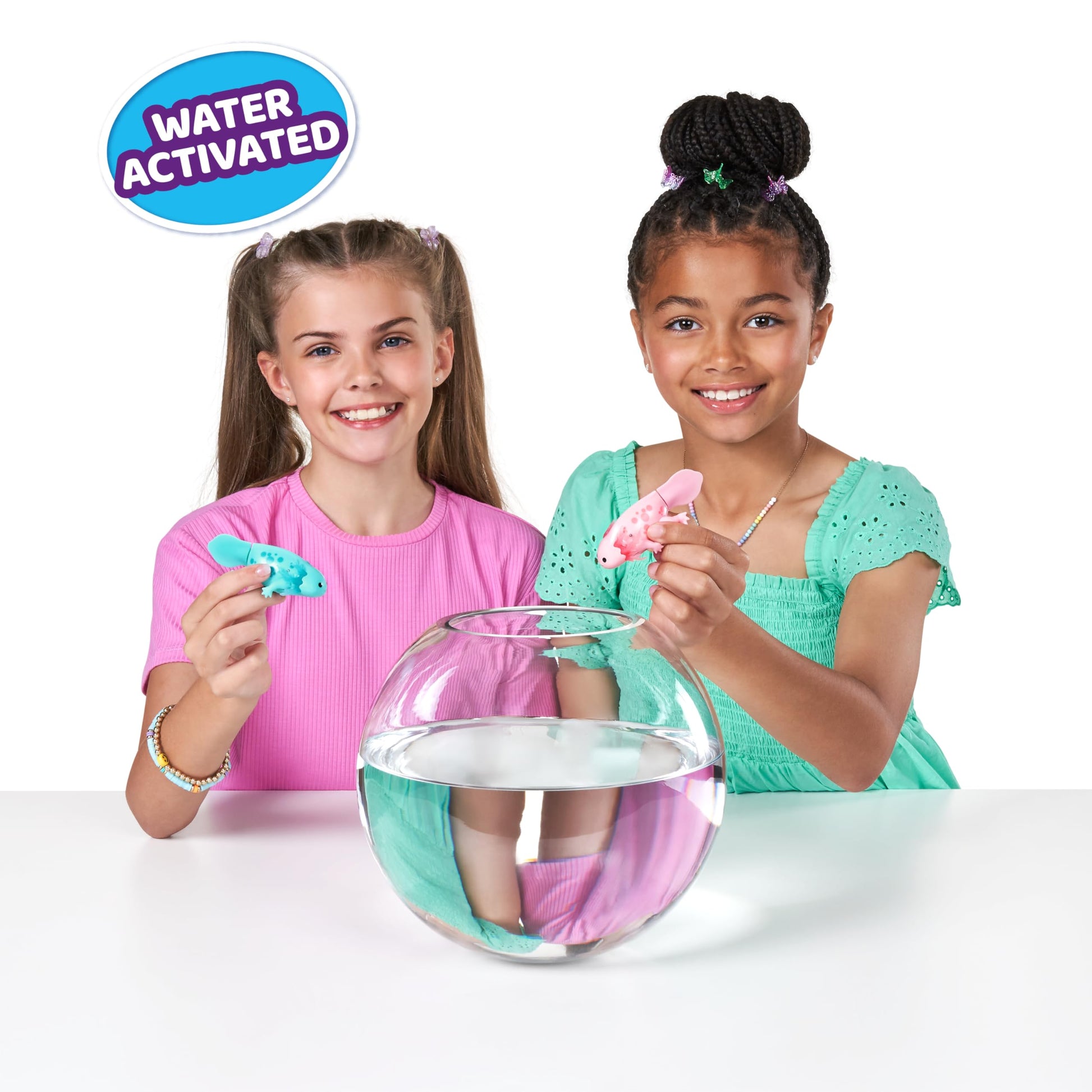Cool teal robotic axolotl figure demonstrating water activated five direction swimming abilities