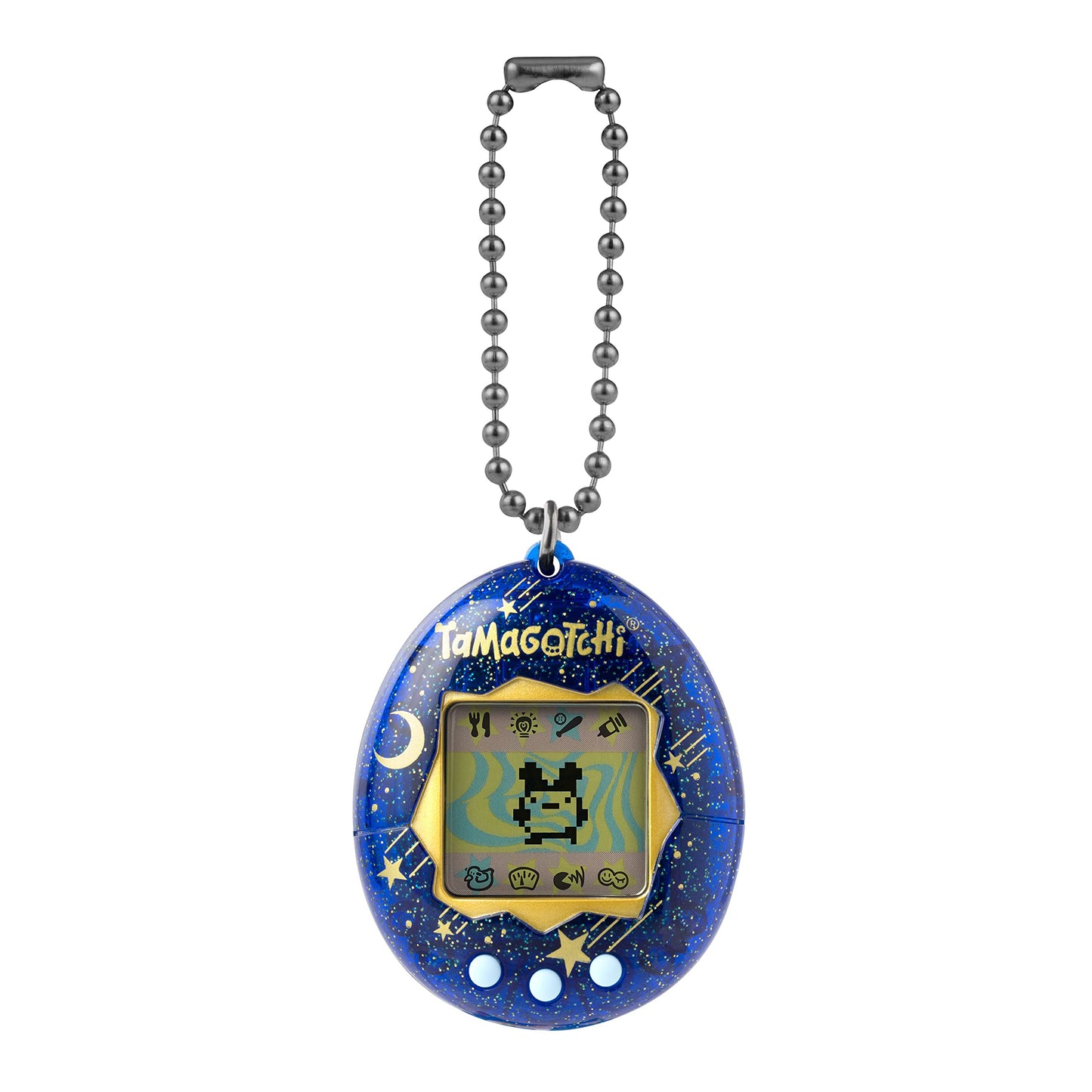 Tamagotchi Starry Shower digital toy showing the classic liquid crystal display screen and light blue buttons.
