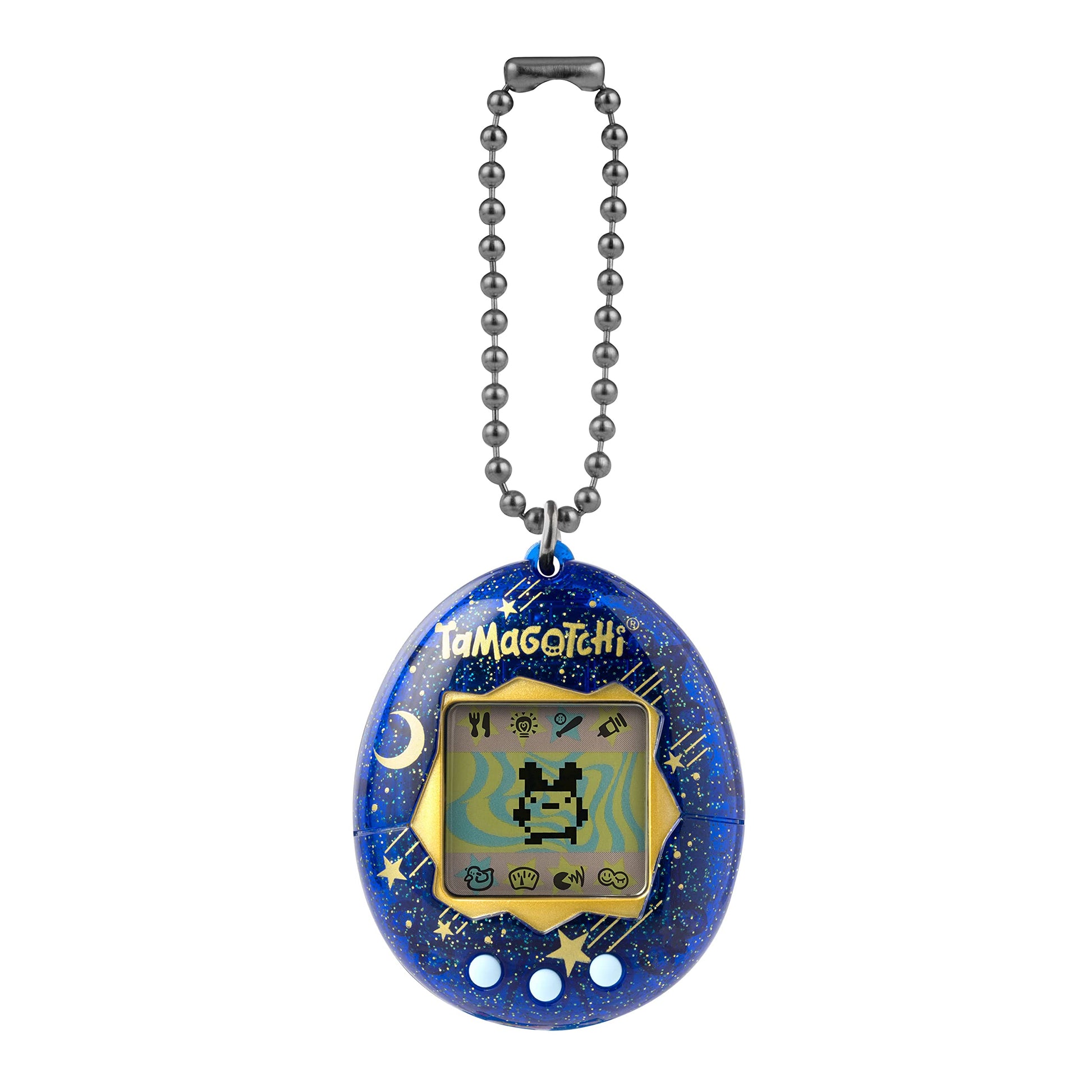 Tamagotchi Starry Shower digital toy showing the classic liquid crystal display screen and light blue buttons.
