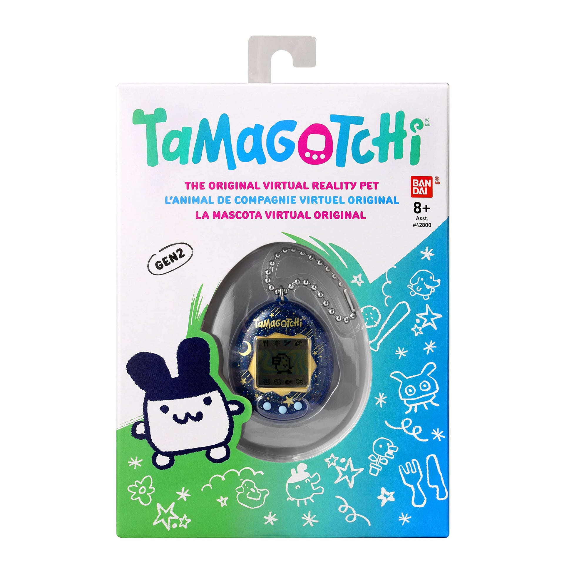 Handheld view of Bandai Tamagotchi Starry Shower edition showcasing the gold chain attachment.