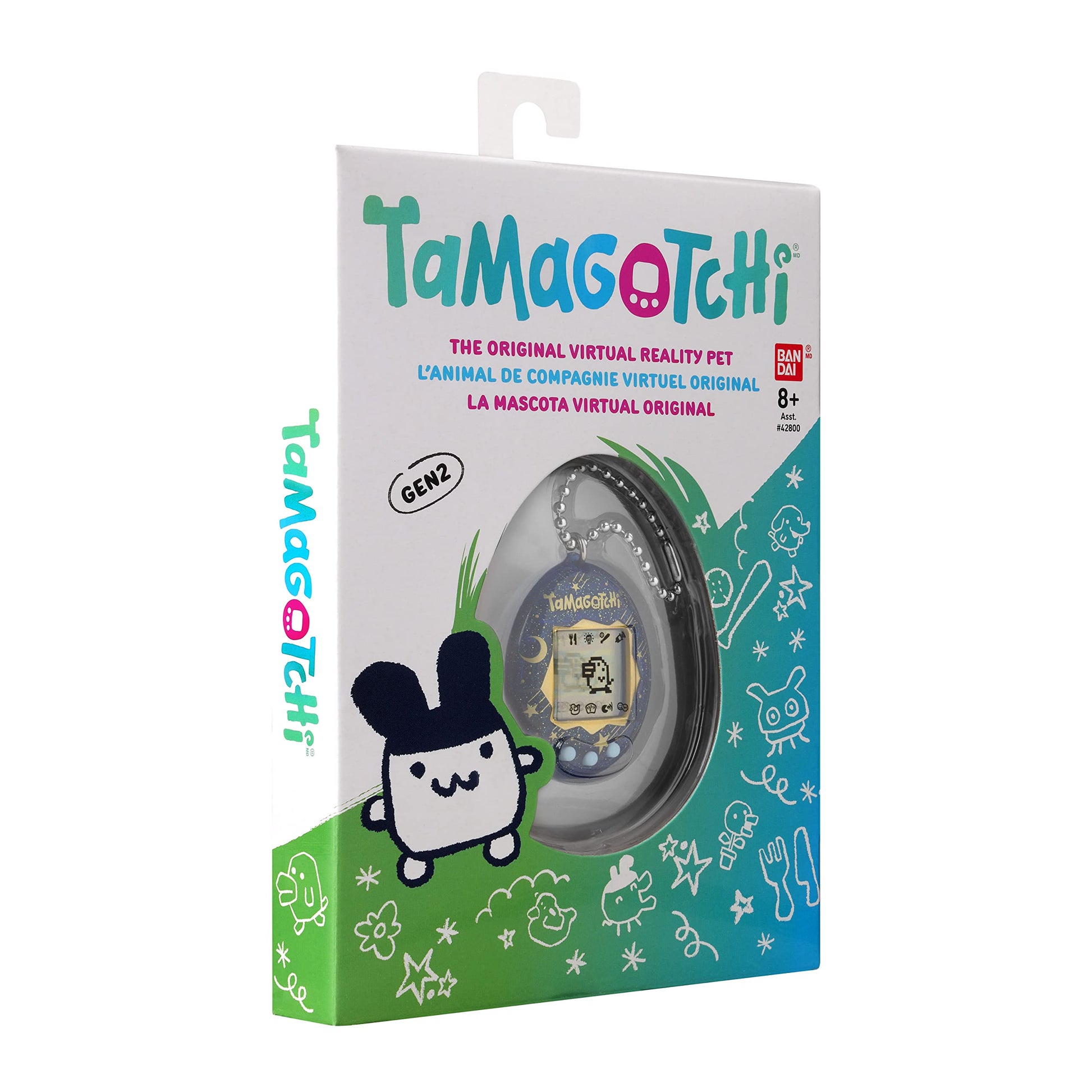 Side profile of the slim nineties style retro Tamagotchi Starry Shower pocket game console.
