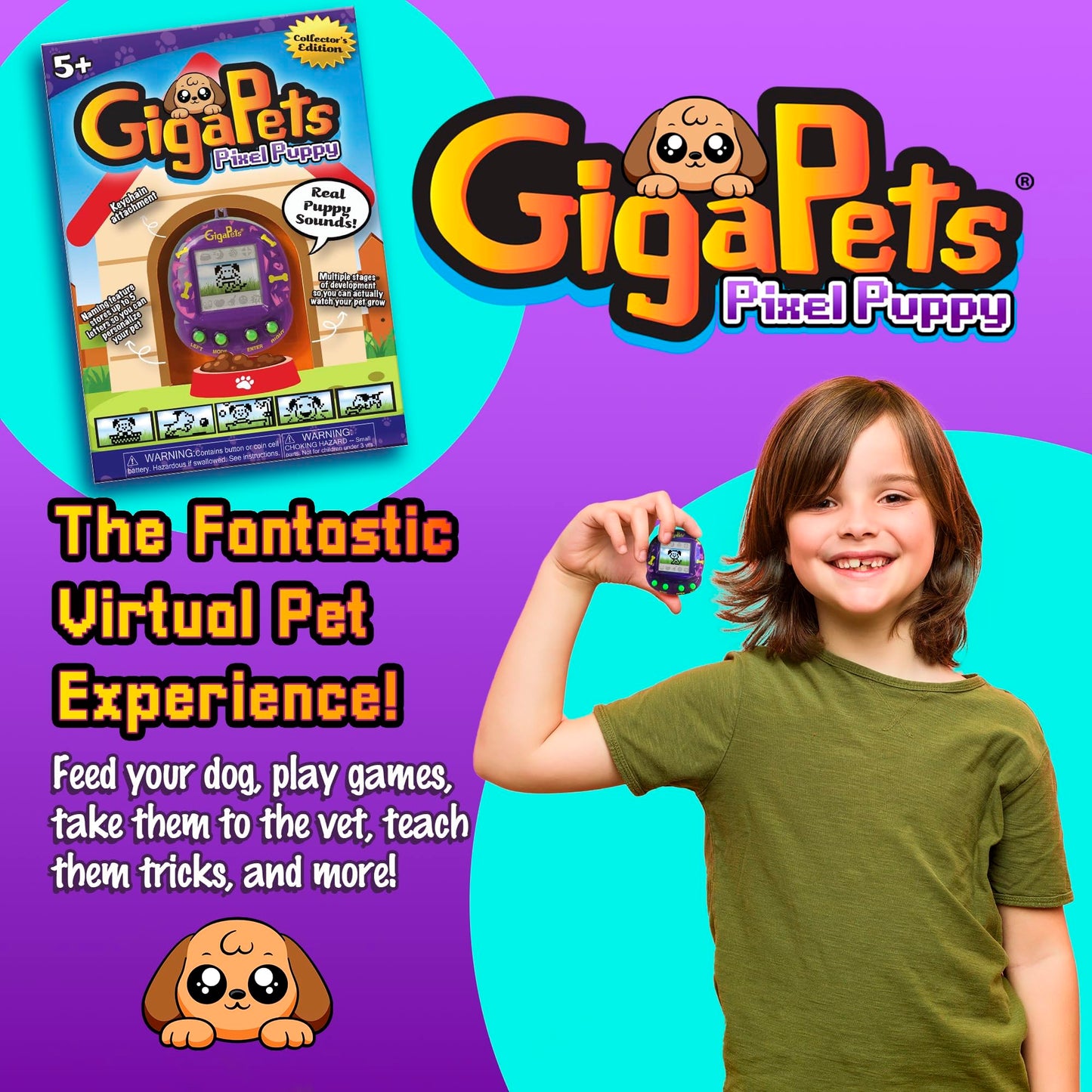 Remastered retro virtual pet dog keychain device displaying upgraded pixel character animations