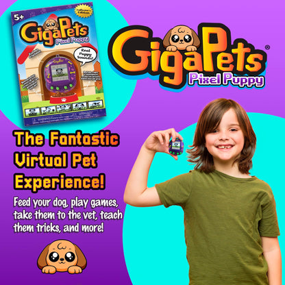 Remastered retro virtual pet dog keychain device displaying upgraded pixel character animations