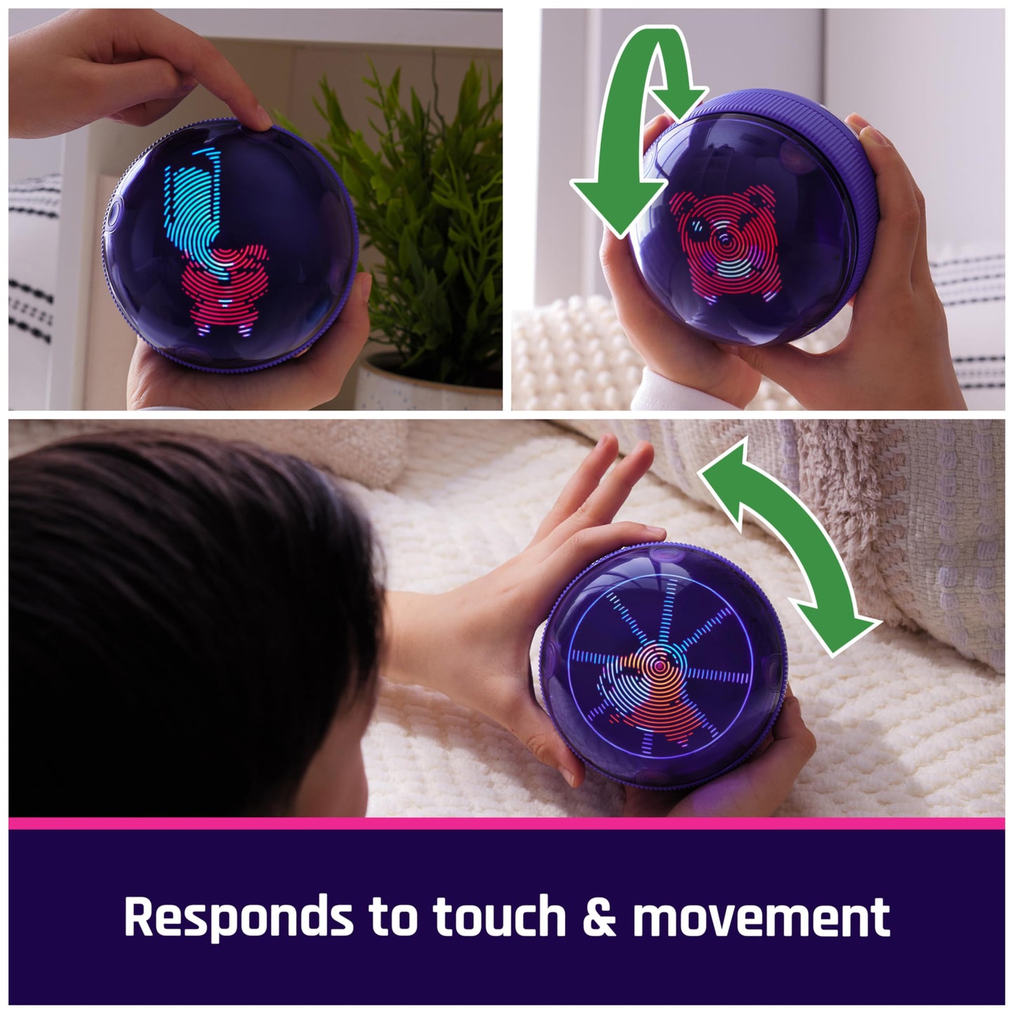 Bitzee electronic hamster pet being held by a child showing touch controls and virtual character interface