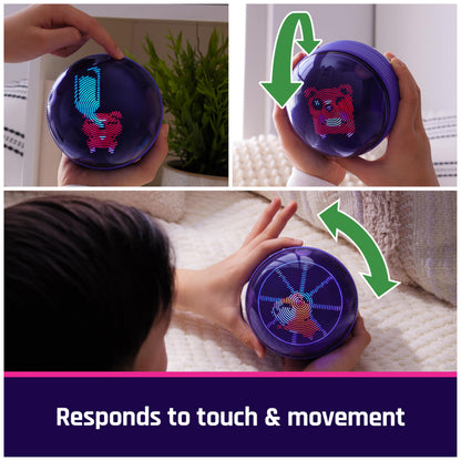 Bitzee electronic hamster pet being held by a child showing touch controls and virtual character interface