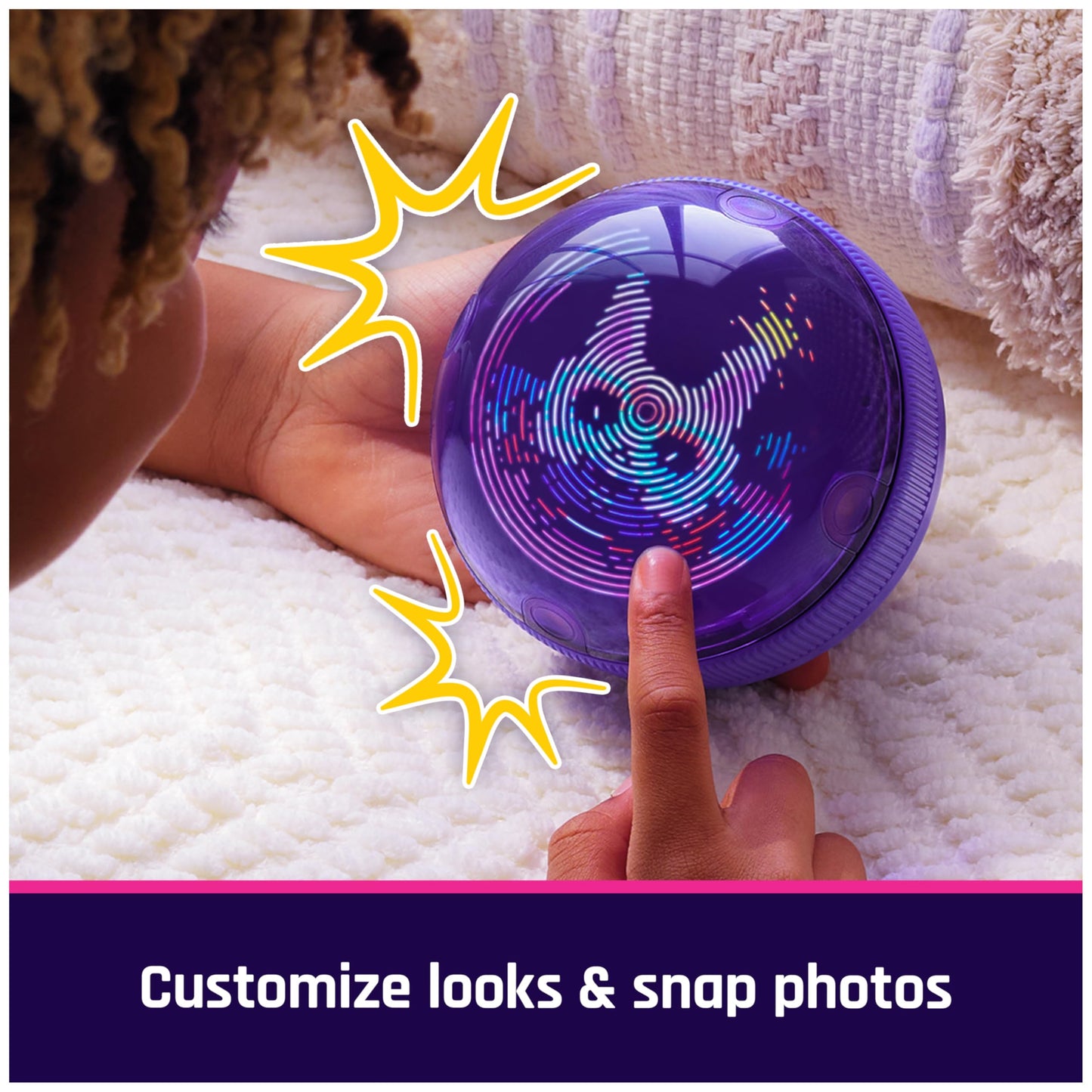 Side profile of the purple interactive sphere demonstrating the tilt and swipe gesture controls