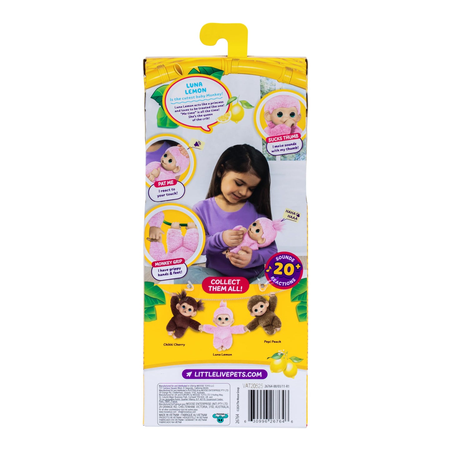 Back view of the Little Live Pets interactive monkey plush highlighting the battery compartment location.