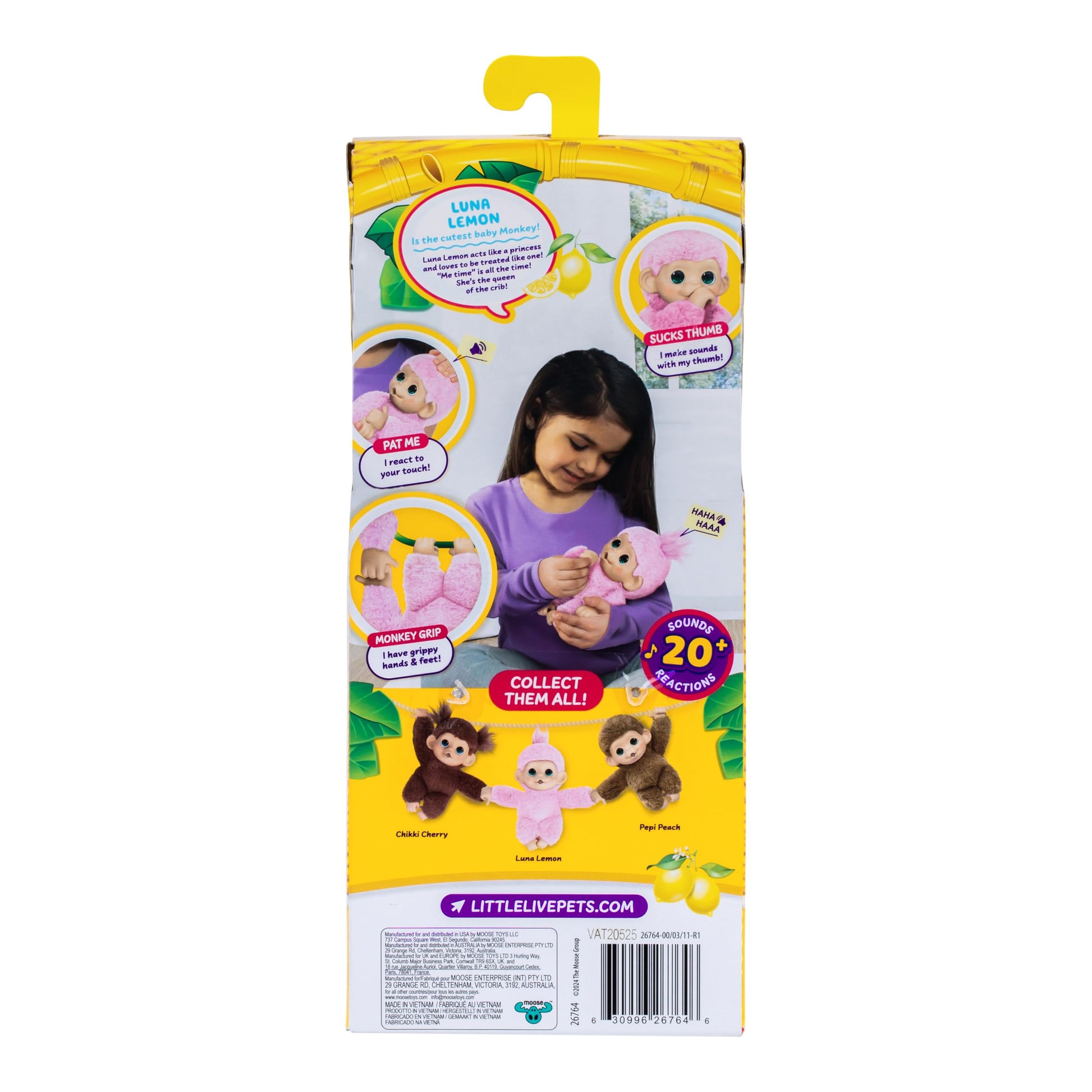 Back view of the Little Live Pets interactive monkey plush highlighting the battery compartment location.