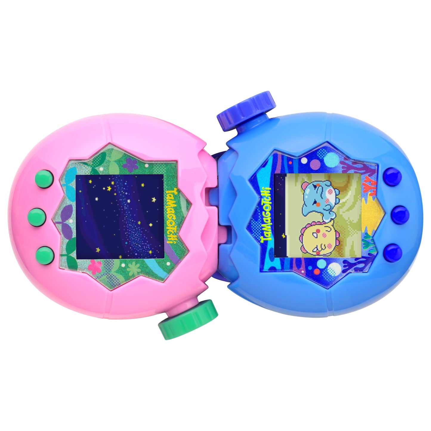 Close up shot of the colored backlit display screen on the Tamagotchi Paradise showing an active virtual character.