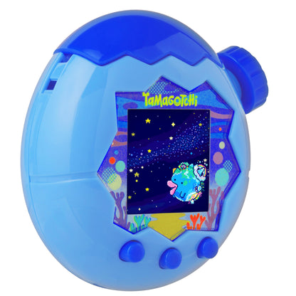 The imported packaging box of the Tamagotchi Paradise Blue Water edition displaying the official logos and English text.
