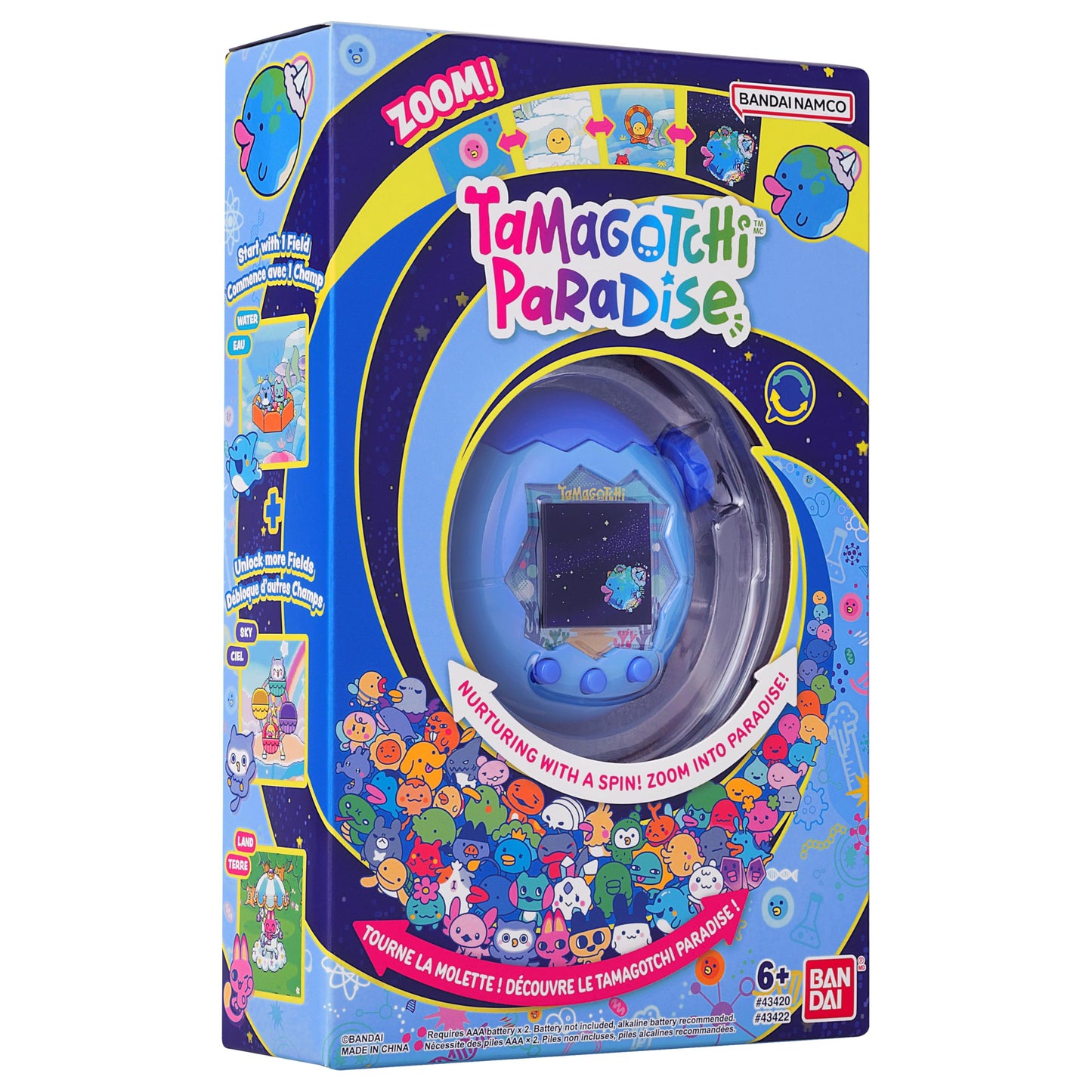 Tamagotchi Paradise handheld console held in a hand to demonstrate the three inch pocket-sized portable dimensions.