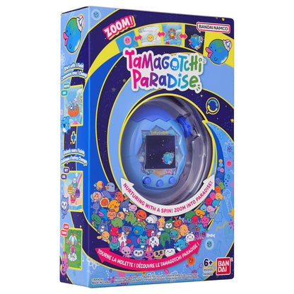 Tamagotchi Paradise handheld console held in a hand to demonstrate the three inch pocket-sized portable dimensions.
