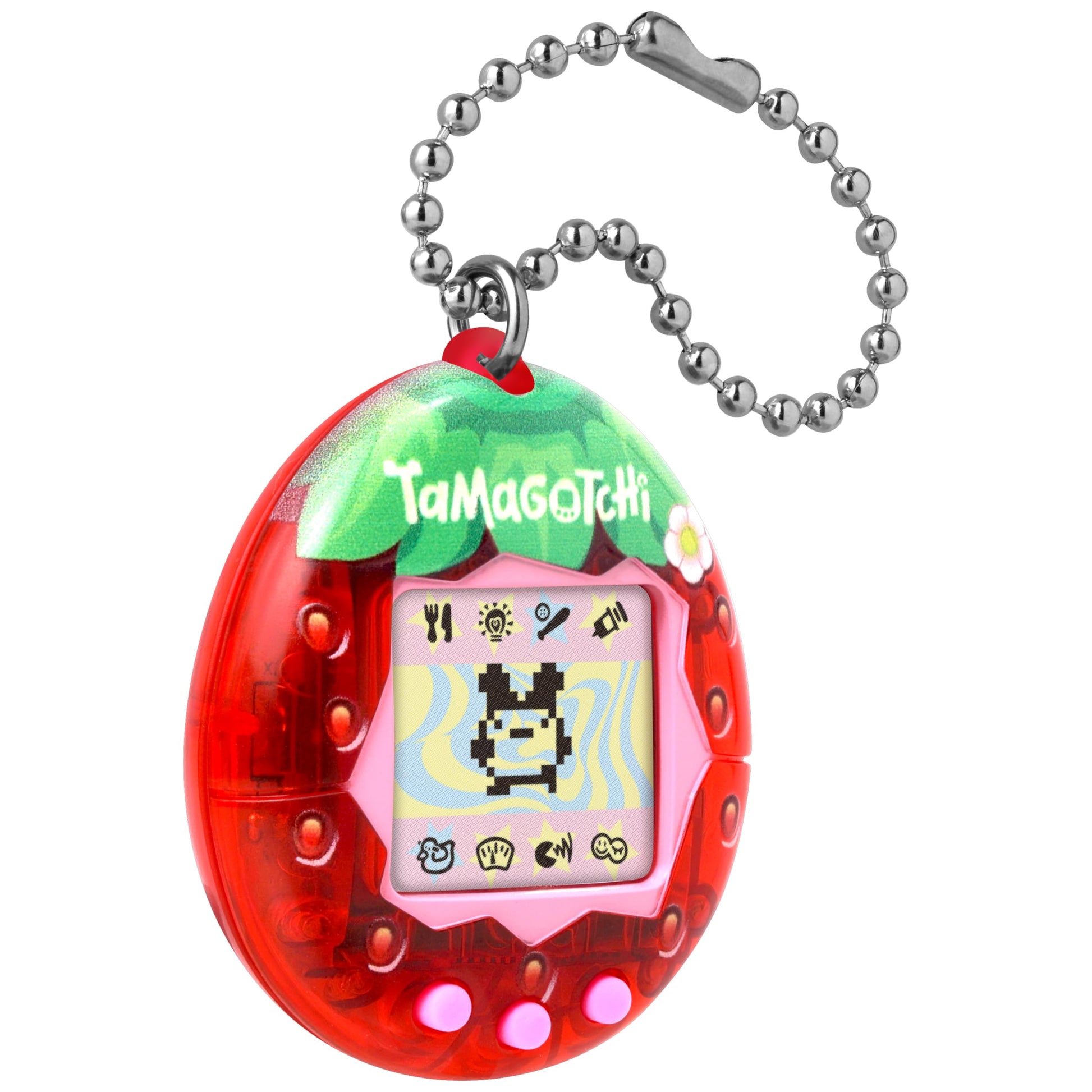 Close up view of the retro liquid crystal display screen on the Generation Two strawberry themed digital pet.