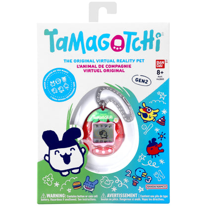 Side profile showing the slim pocket sized construction of the Bandai Tamagotchi electronic pet toy.