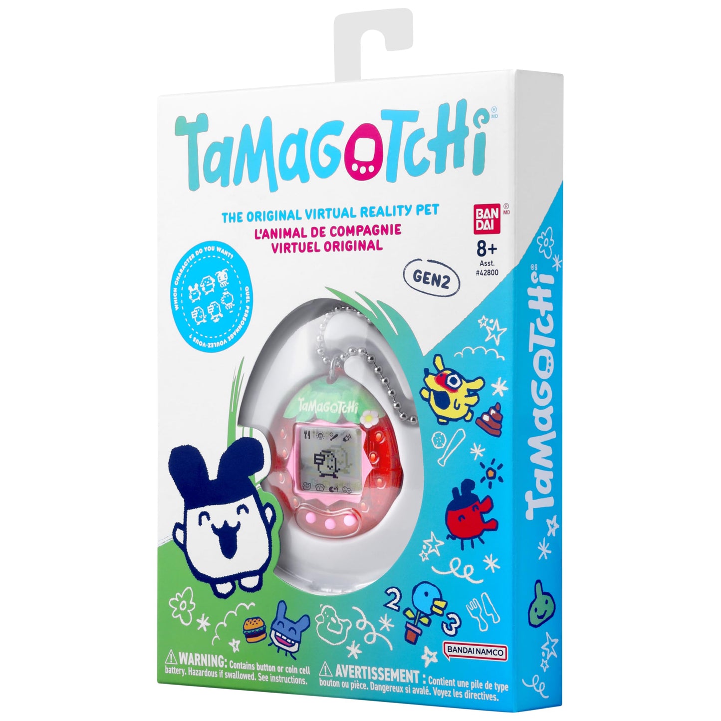 An unboxed Tamagotchi Original Gen Two device highlighting the classic three button interface and pixel graphics.