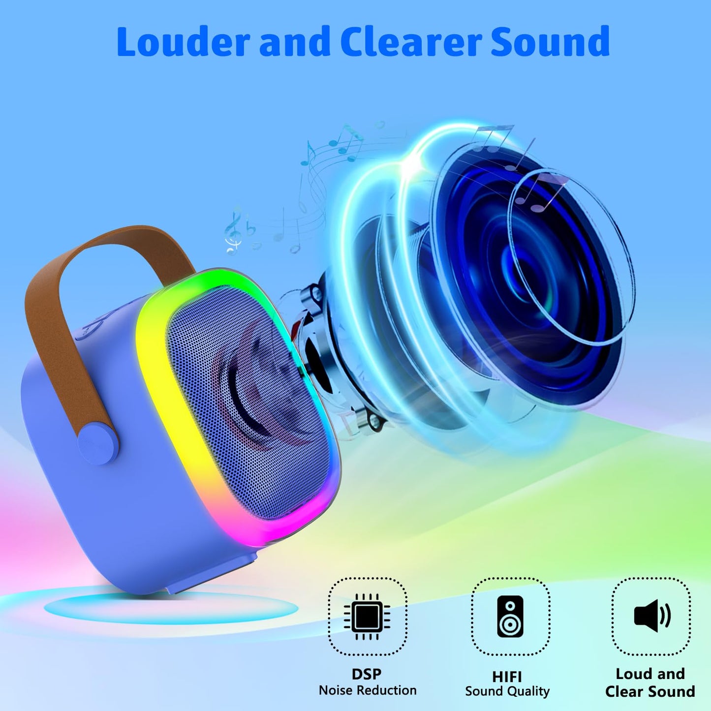 Blue portable kids karaoke speaker with colorful glowing RGB LED lights around the cone