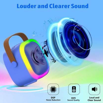 Blue portable kids karaoke speaker with colorful glowing RGB LED lights around the cone