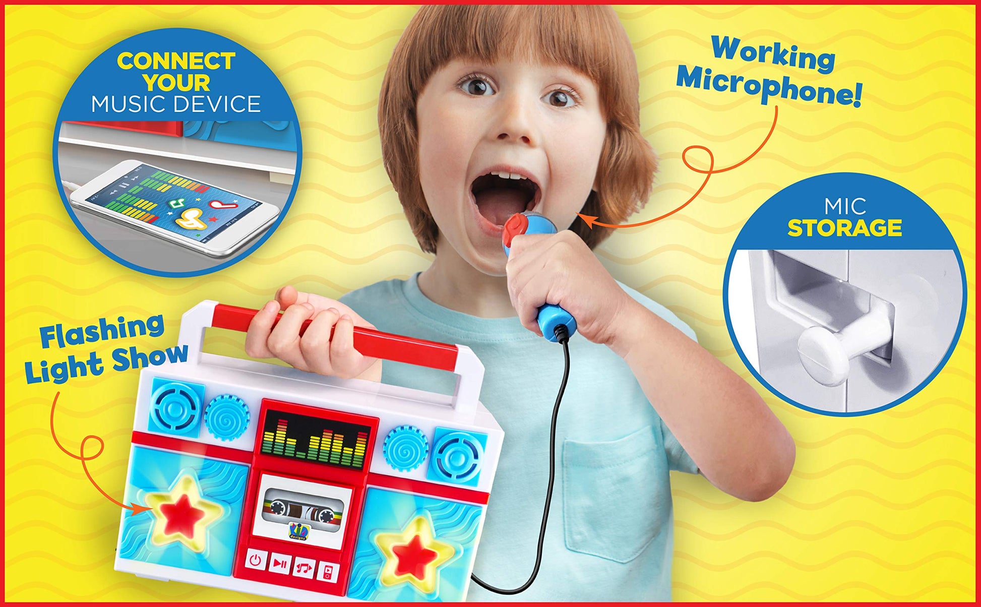 eKids kids karaoke machine with wired microphone held by a toddler singing along.