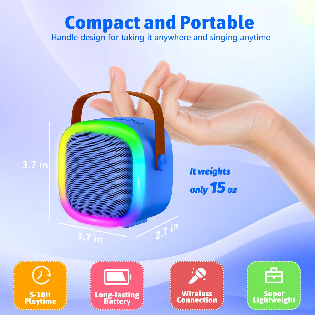 Rechargeable portable entertainment audio system being carried outdoors for a family picnic
