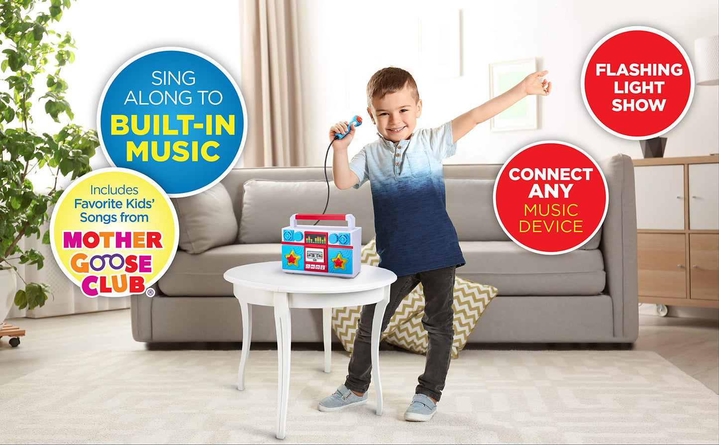 eKids interactive musical toy showing the auxiliary input port for MP3 player connection.