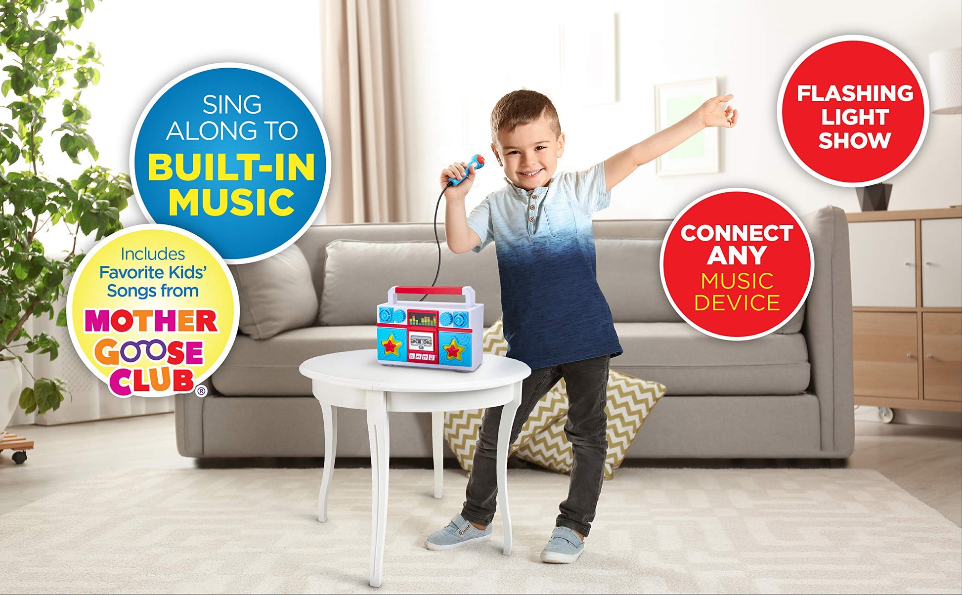 eKids interactive musical toy showing the auxiliary input port for MP3 player connection.