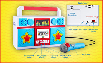 Mother Goose Club speaker close up highlighting the integrated flashing lights and handle.