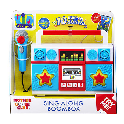 eKids electronic sing along machine demonstrating the durable child-friendly button controls.