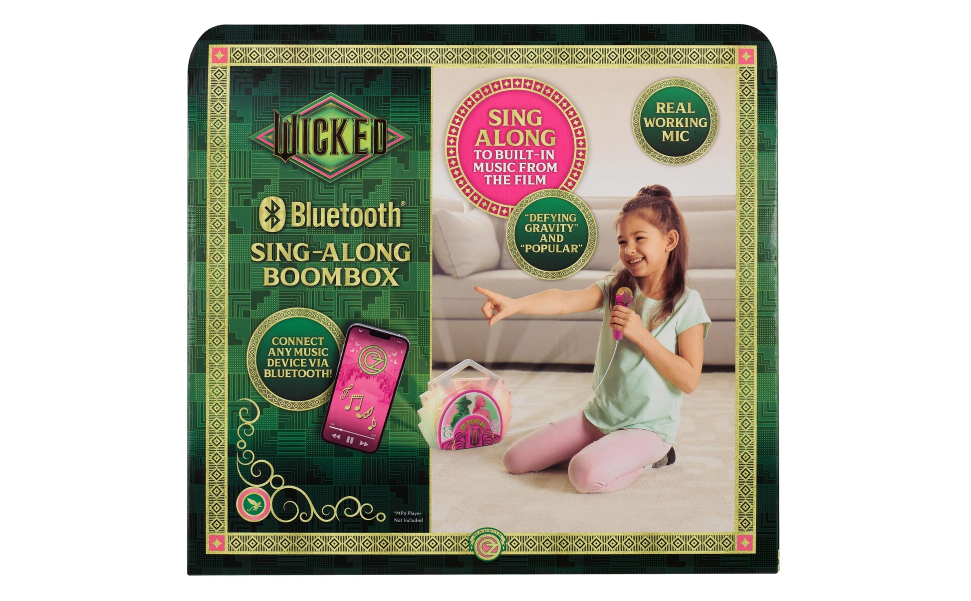 Full lifestyle view of the Wicked themed bluetooth boombox glowing with colorful lights