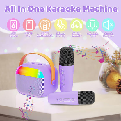 FunMission Bluetooth mini speaker with memory card slot and two cordless microphones for kids duet performances.