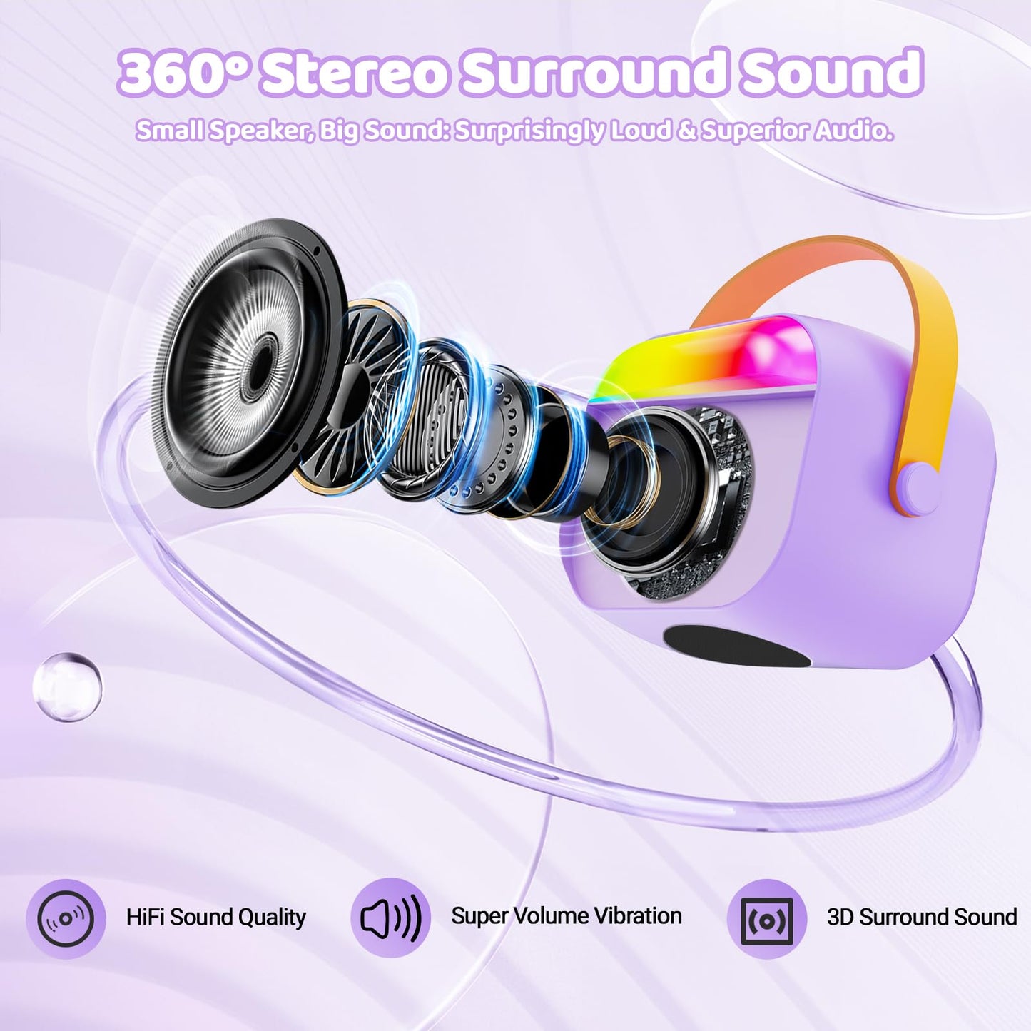 FunMission purple children's karaoke set highlighting the built-in voice effects and rechargeable electronic design.