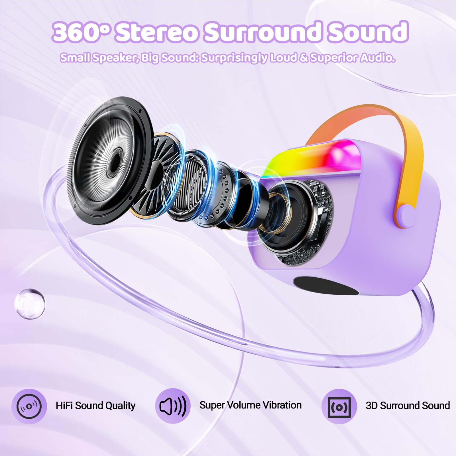 FunMission purple children's karaoke set highlighting the built-in voice effects and rechargeable electronic design.