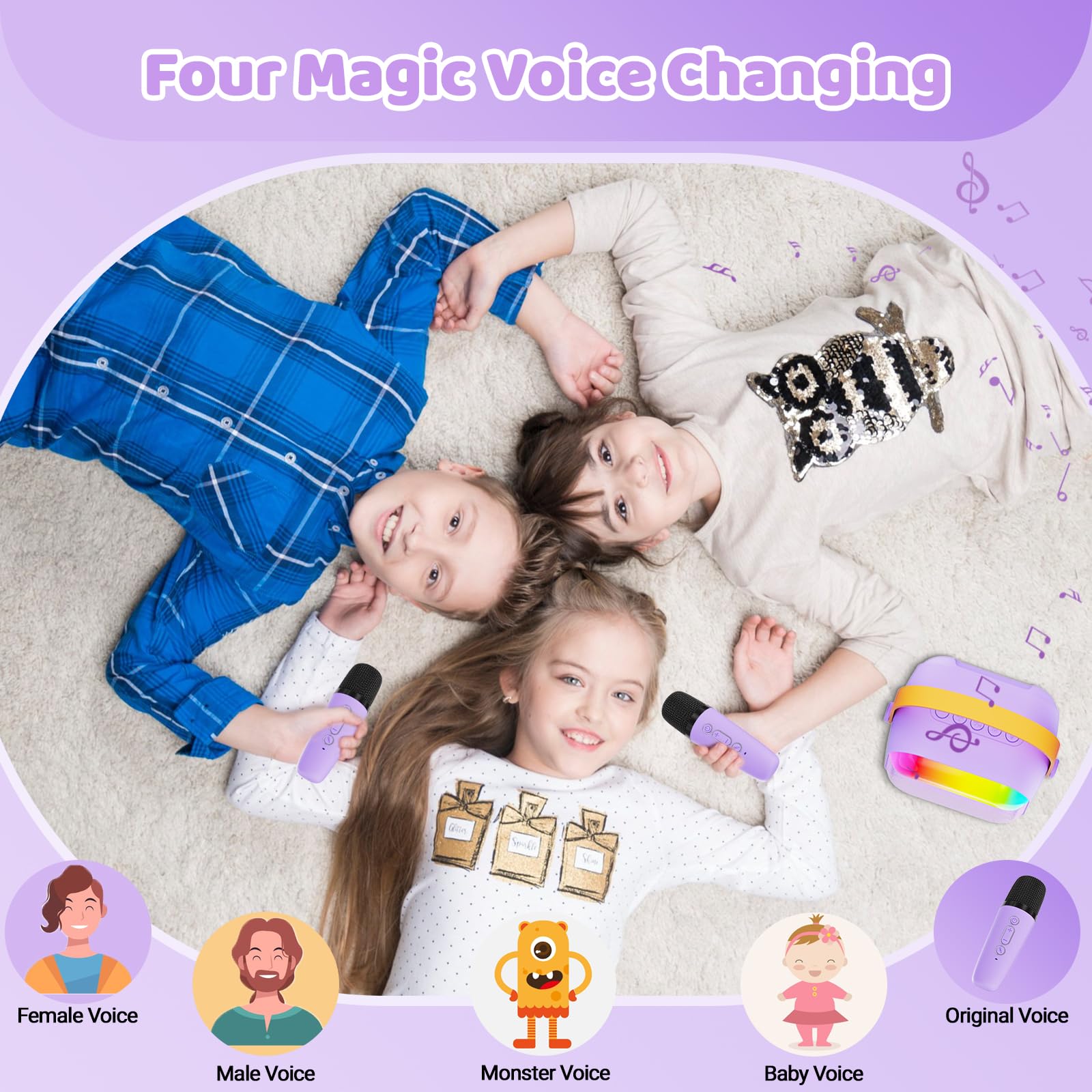 FunMission kids musical toy speaker showcasing the portable top handle and dual microphone storage capability.