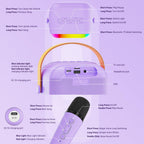 FunMission imported purple karaoke kit box contents including the main speaker unit, dual mics, and charging accessories.