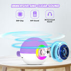 Mgaolo portable singing speaker for kids demonstrating the sound-reactive multi-colored LED light show
