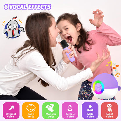 Mgaolo purple kids karaoke set highlighting the two automatic pairing wireless microphones for duets